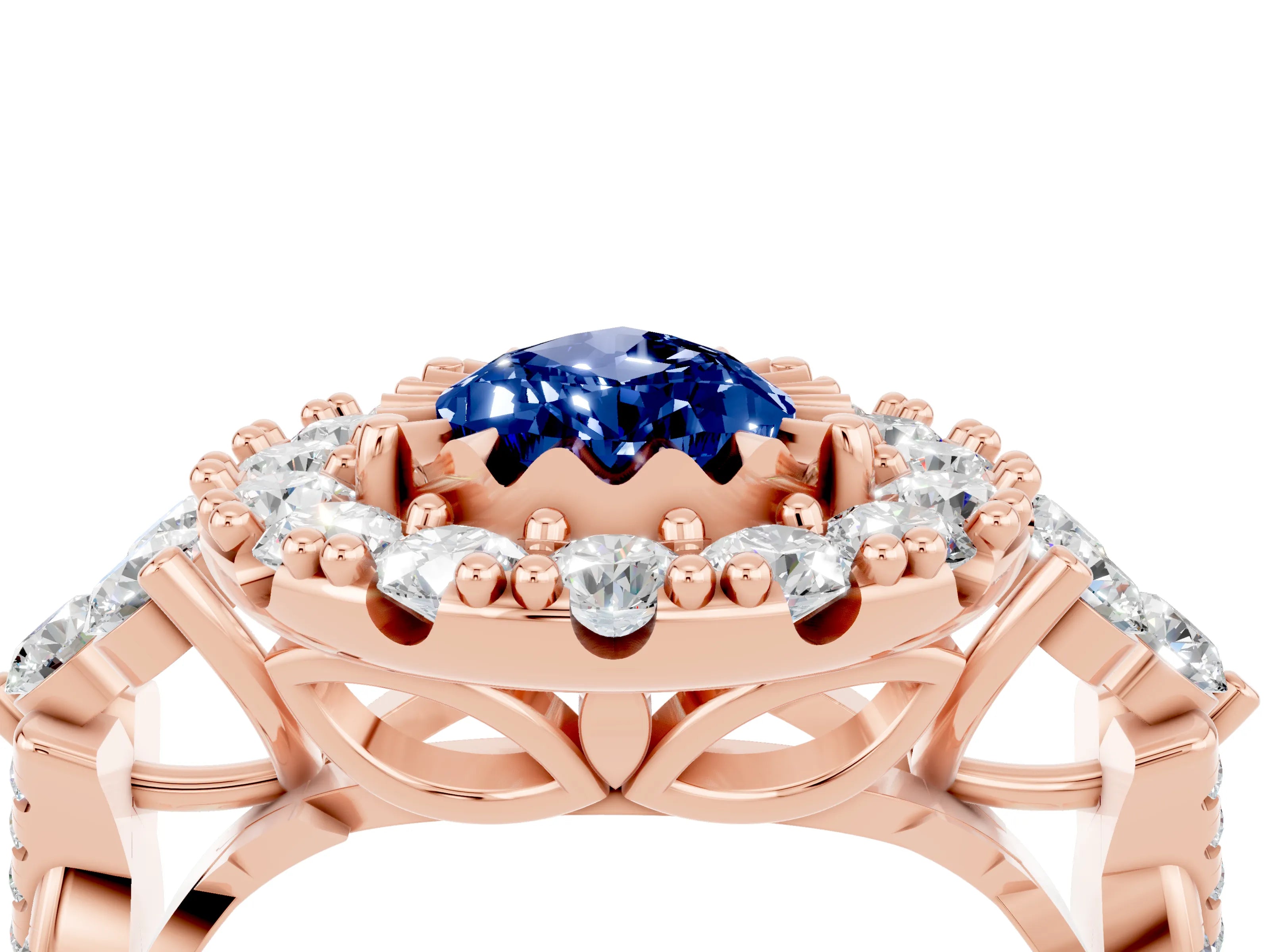 Rose gold Pear Cut Blue Sapphire Halo Ring with Pavé Band and Four-Prong Setting_16
