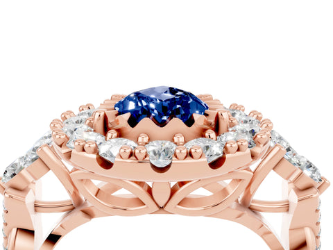 Rose gold Pear Cut Blue Sapphire Halo Ring with Pavé Band and Four-Prong Setting_16