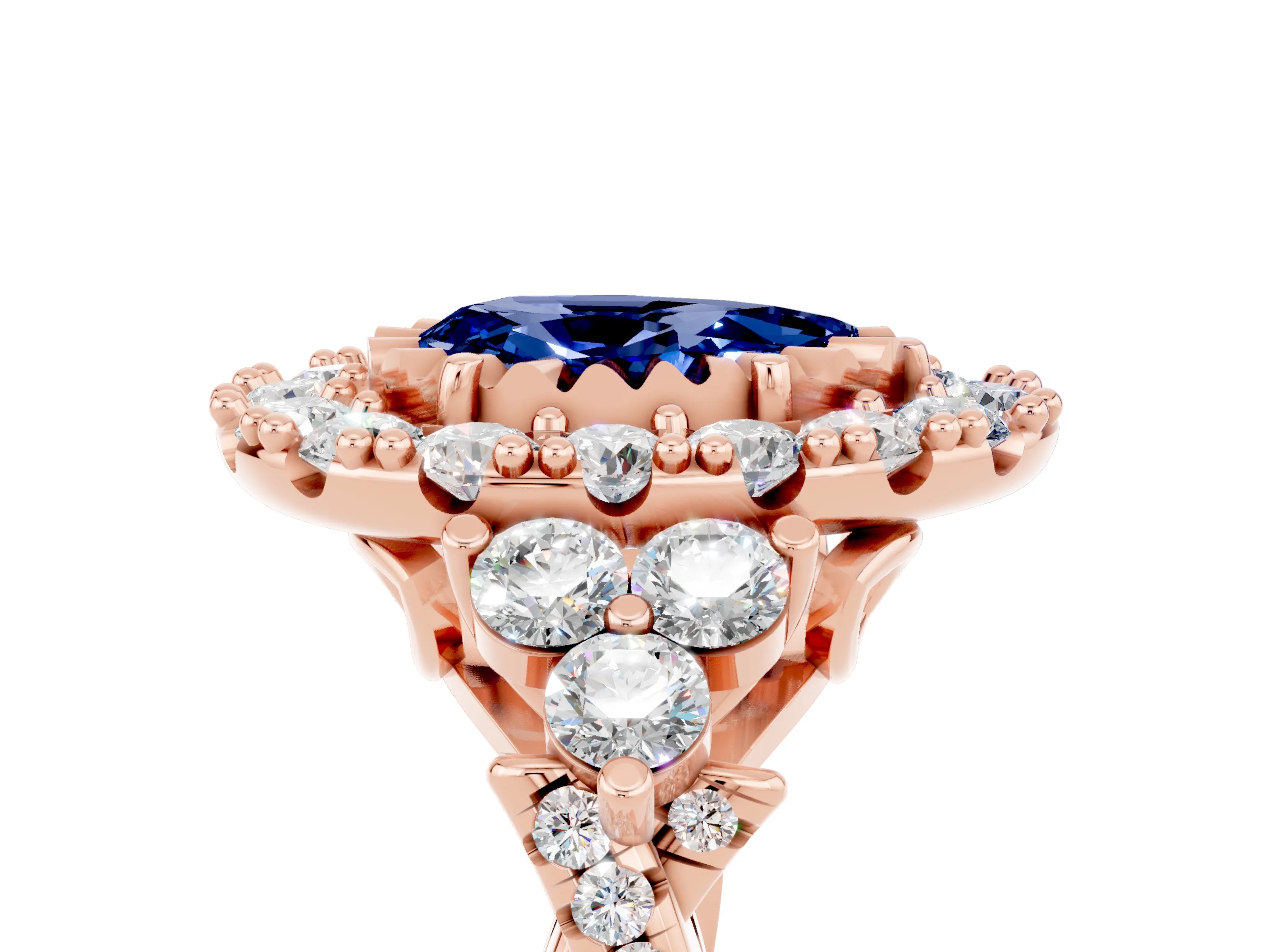 Rose gold Pear Cut Blue Sapphire Halo Ring with Pavé Band and Four-Prong Setting_17