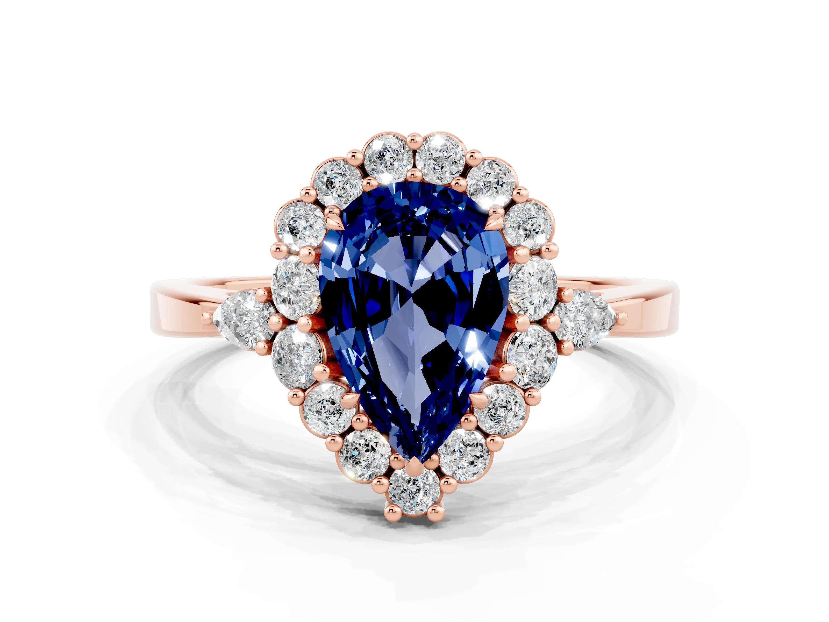 Rose gold Pear Cut Blue Sapphire Halo Ring with Pear Side Stones and Prong Setting_12