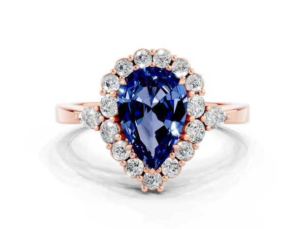 Rose gold Pear Cut Blue Sapphire Halo Ring with Pear Side Stones and Prong Setting