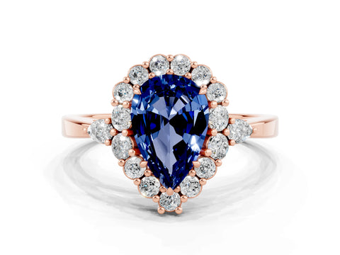 Rose gold Pear Cut Blue Sapphire Halo Ring with Pear Side Stones and Prong Setting_12