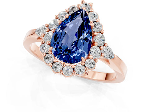 Rose gold Pear Cut Blue Sapphire Halo Ring with Pear Side Stones and Prong Setting_13