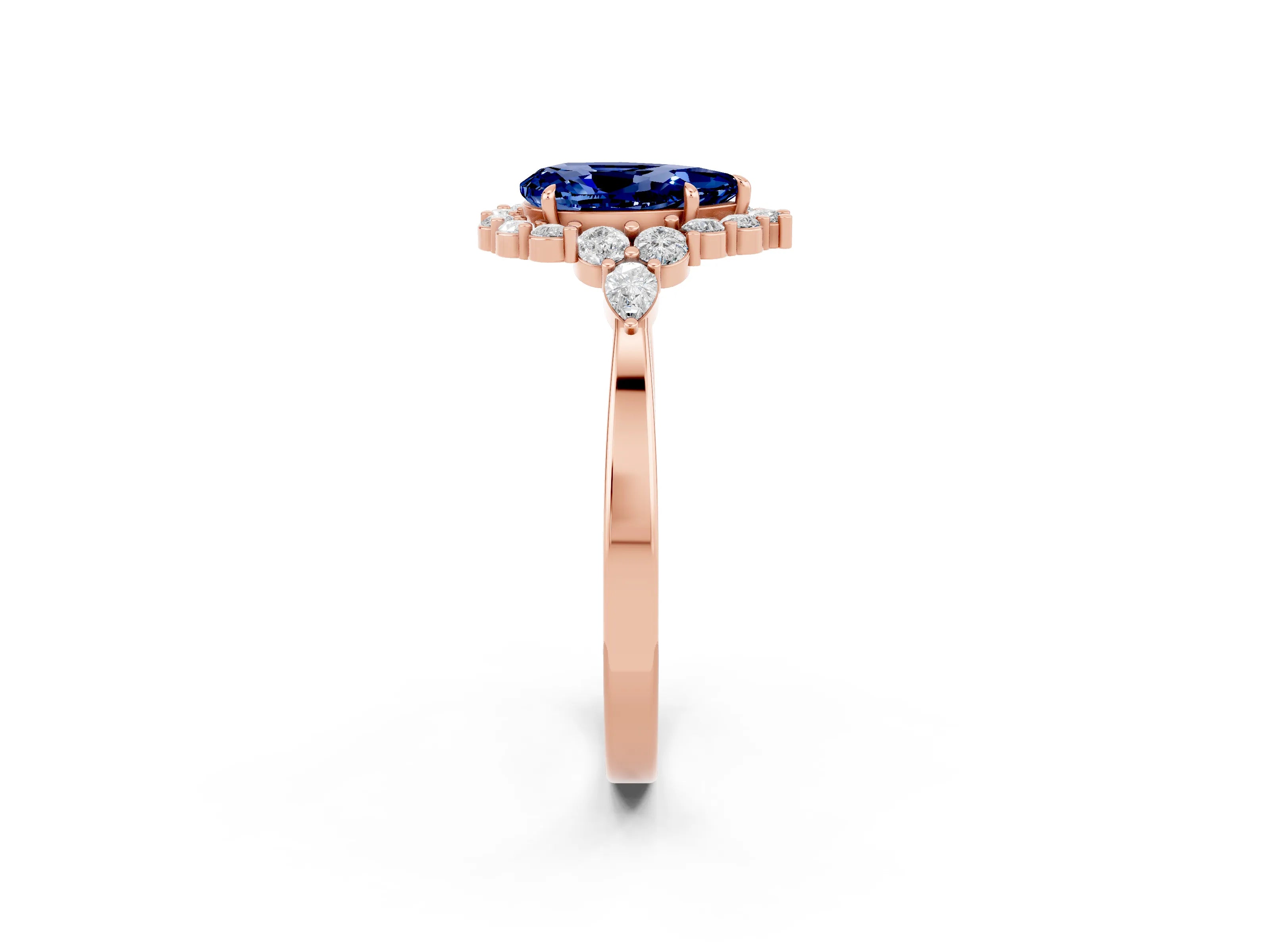 Rose gold Pear Cut Blue Sapphire Halo Ring with Pear Side Stones and Prong Setting_14
