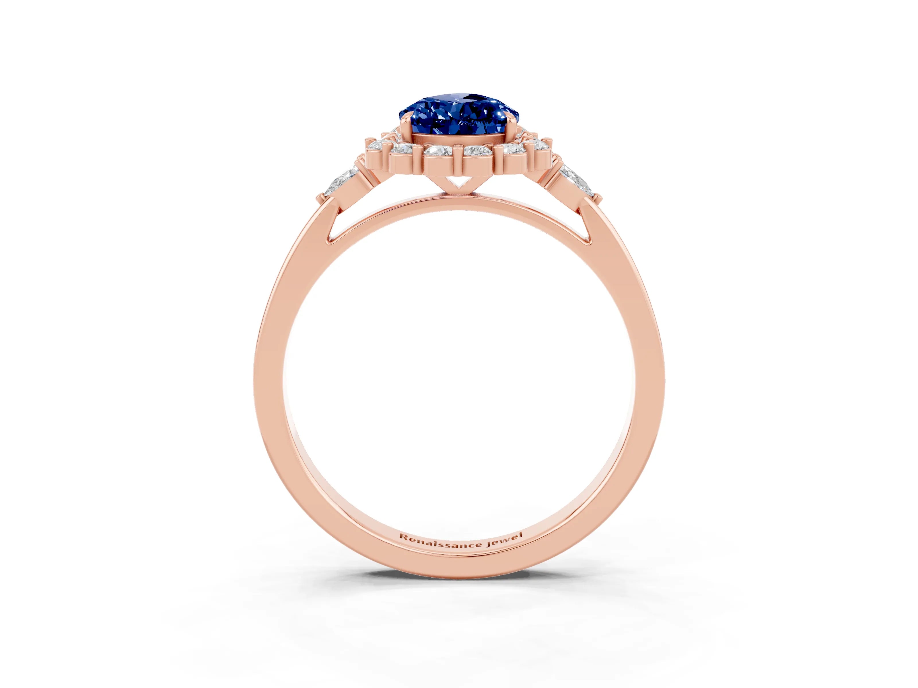 Rose gold Pear Cut Blue Sapphire Halo Ring with Pear Side Stones and Prong Setting_15
