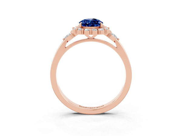 Rose gold Pear Cut Blue Sapphire Halo Ring with Pear Side Stones and Prong Setting