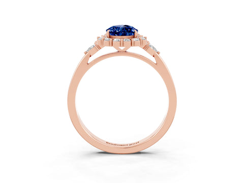 Rose gold Pear Cut Blue Sapphire Halo Ring with Pear Side Stones and Prong Setting_15