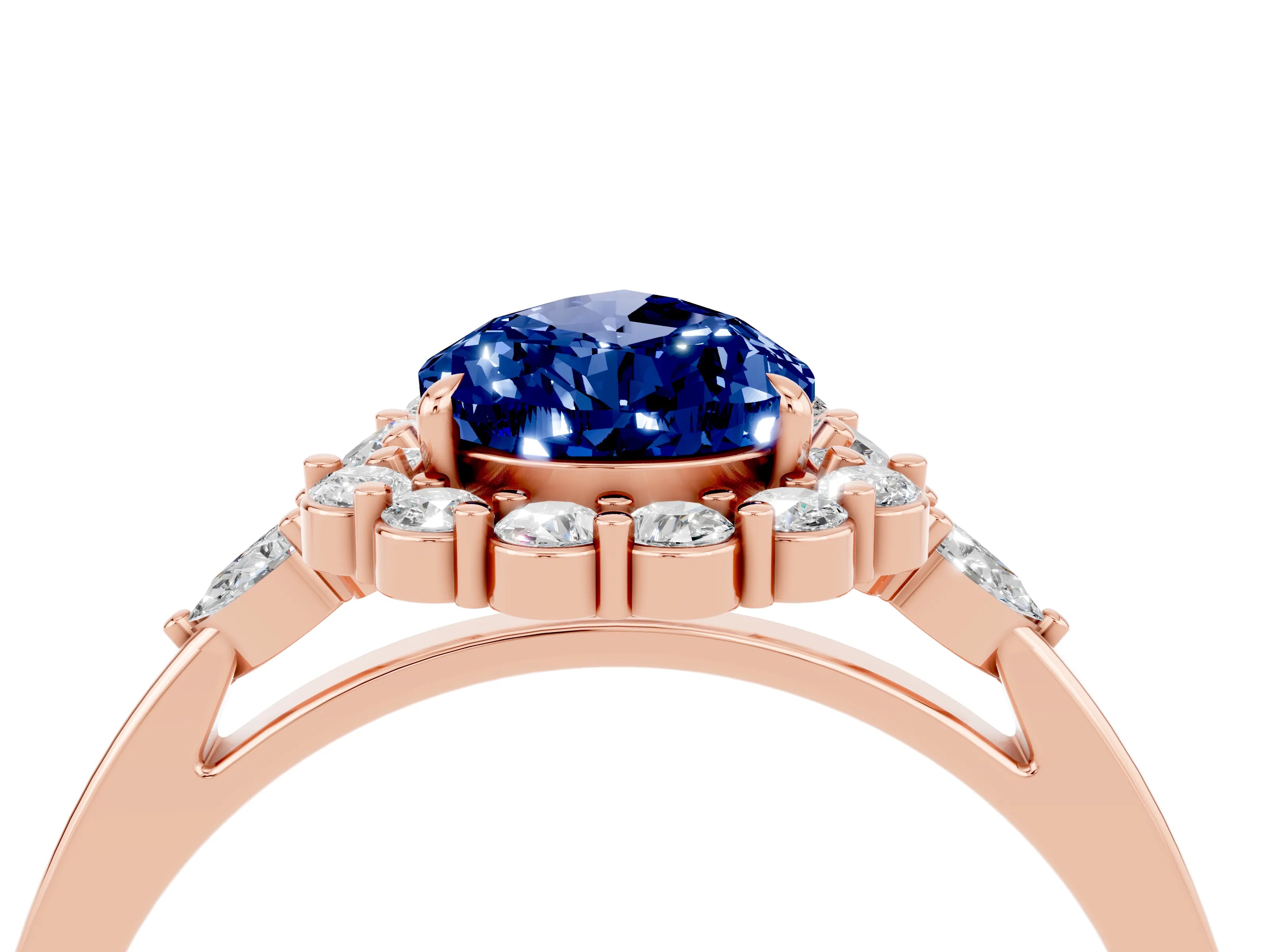 Rose gold Pear Cut Blue Sapphire Halo Ring with Pear Side Stones and Prong Setting_16