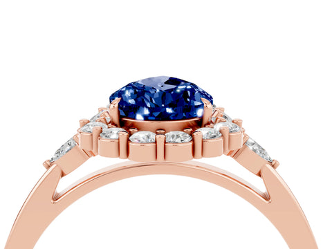 Rose gold Pear Cut Blue Sapphire Halo Ring with Pear Side Stones and Prong Setting_16