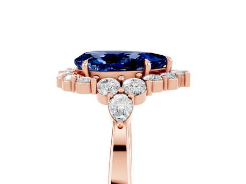 Rose gold Pear Cut Blue Sapphire Halo Ring with Pear Side Stones and Prong Setting_17