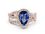 Rose gold Pear Cut Blue Sapphire Halo Ring with Round Split Shank and Prong Setting_60