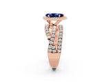 Rose gold Pear Cut Blue Sapphire Halo Ring with Round Split Shank and Prong Setting_62