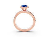 Rose gold Pear Cut Blue Sapphire Halo Ring with Round Split Shank and Prong Setting_63