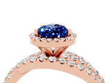 Rose gold Pear Cut Blue Sapphire Halo Ring with Round Split Shank and Prong Setting_64