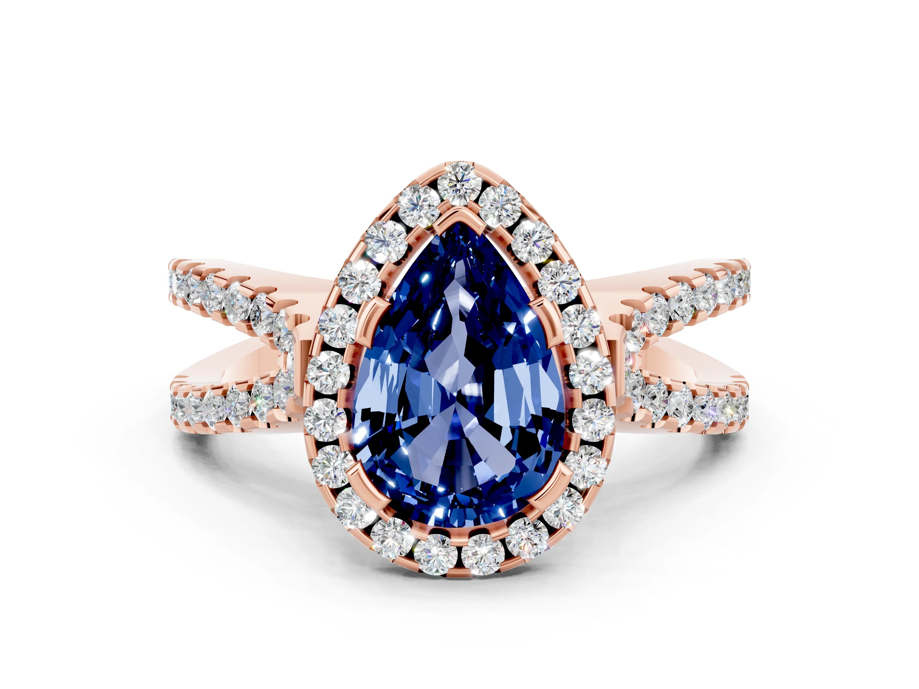 Rose gold Pear Cut Blue Sapphire Halo Ring with Split Shank Pavé Band and Prong Setting