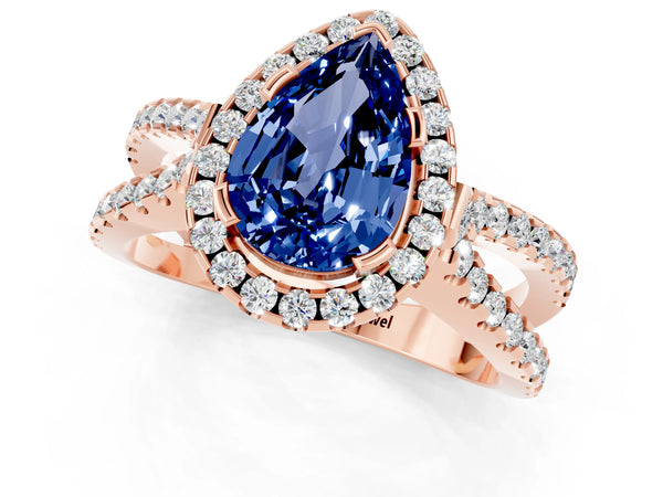 Rose gold Pear Cut Blue Sapphire Halo Ring with Split Shank Pavé Band and Prong Setting