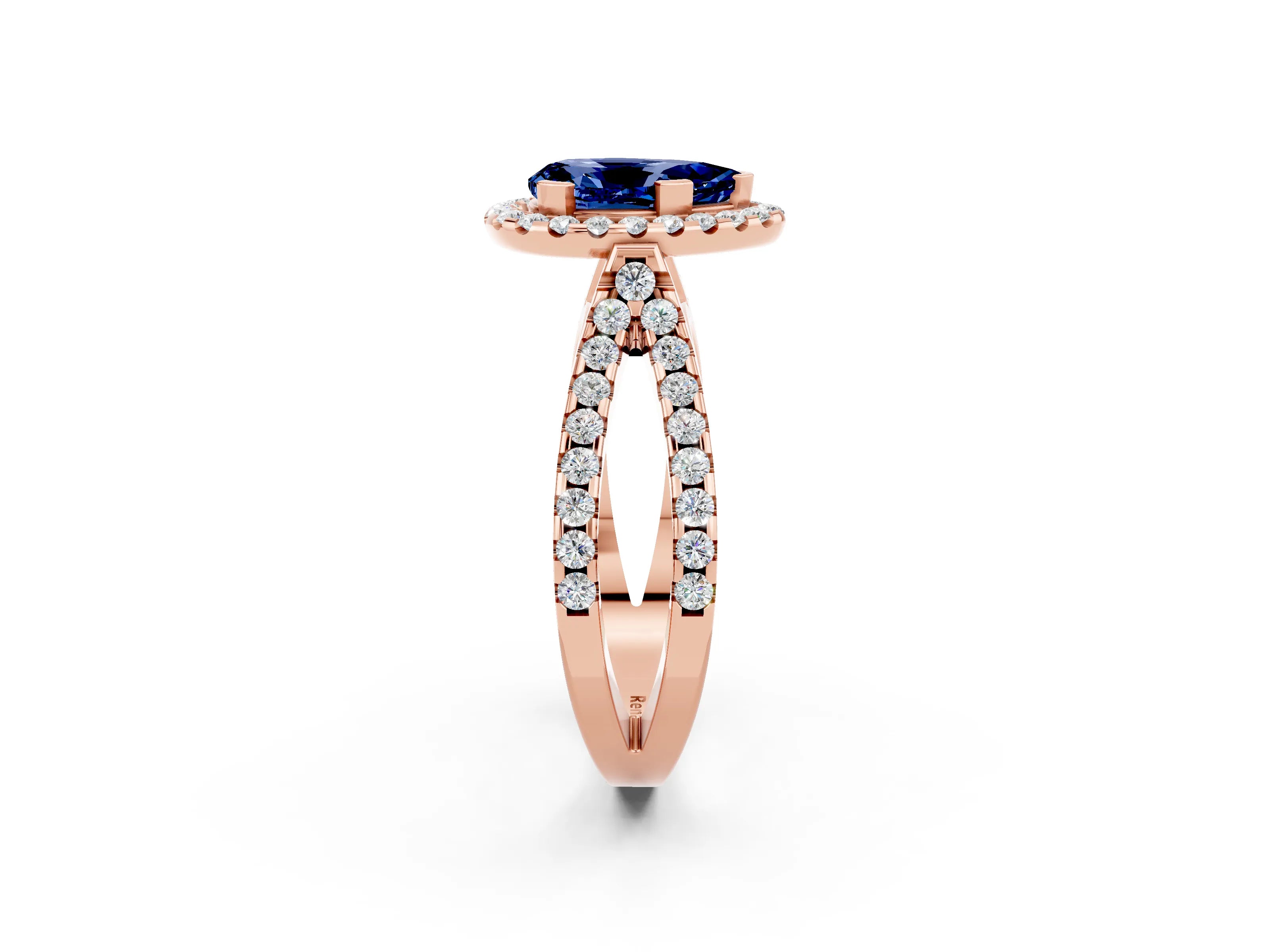 Rose gold Pear Cut Blue Sapphire Halo Ring with Split Shank Pavé Band and Prong Setting_2