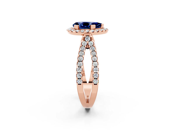 Rose gold Pear Cut Blue Sapphire Halo Ring with Split Shank Pavé Band and Prong Setting