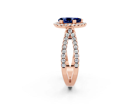 Rose gold Pear Cut Blue Sapphire Halo Ring with Split Shank Pavé Band and Prong Setting_2