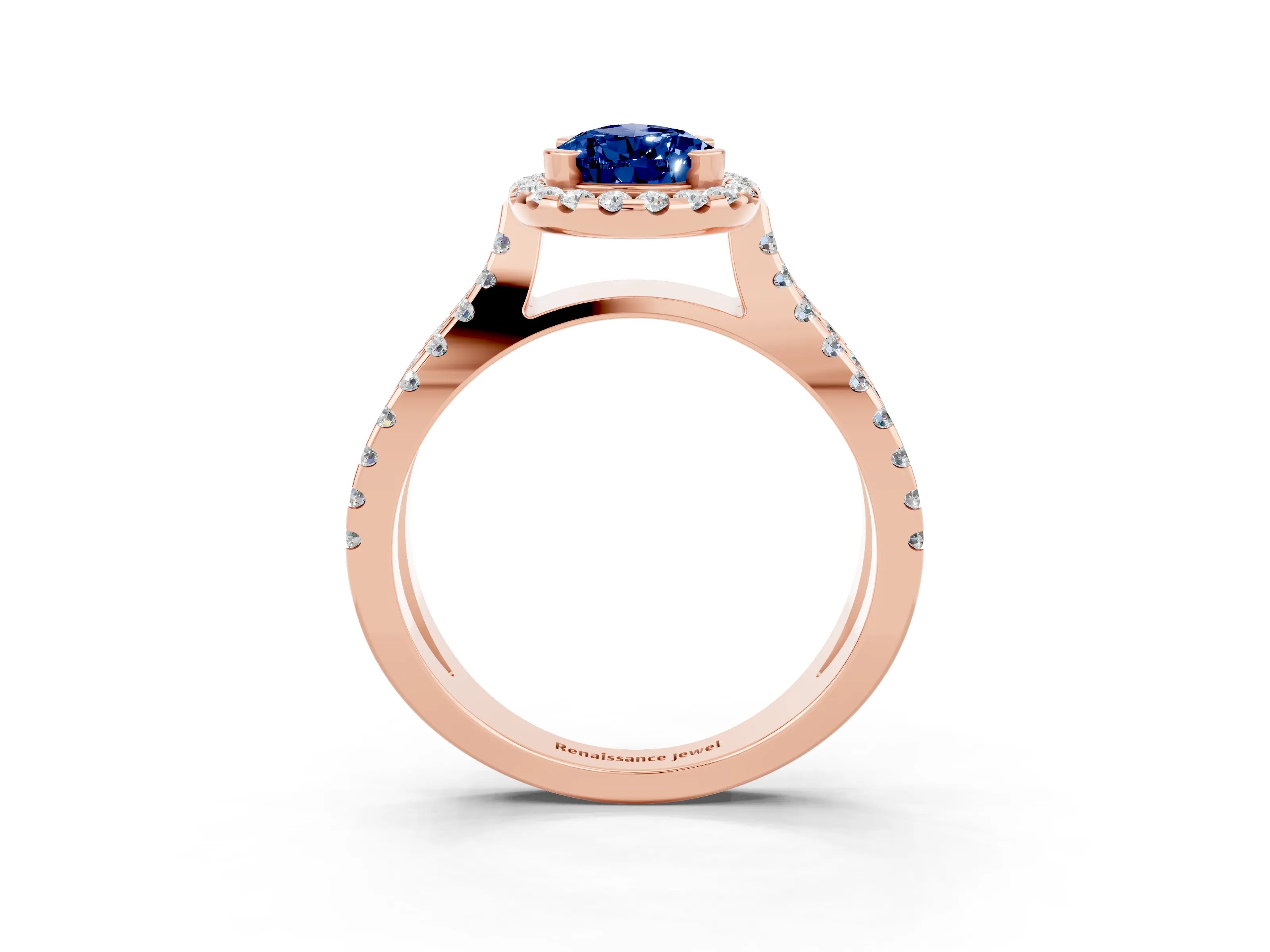 Rose gold Pear Cut Blue Sapphire Halo Ring with Split Shank Pavé Band and Prong Setting_3