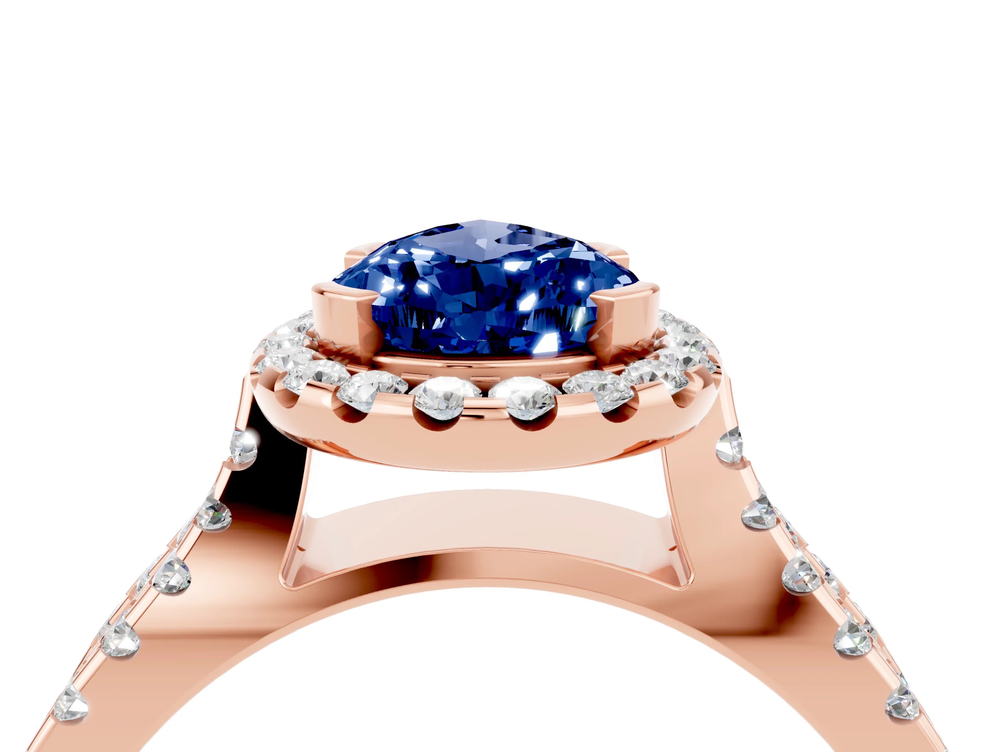 Rose gold Pear Cut Blue Sapphire Halo Ring with Split Shank Pavé Band and Prong Setting_4
