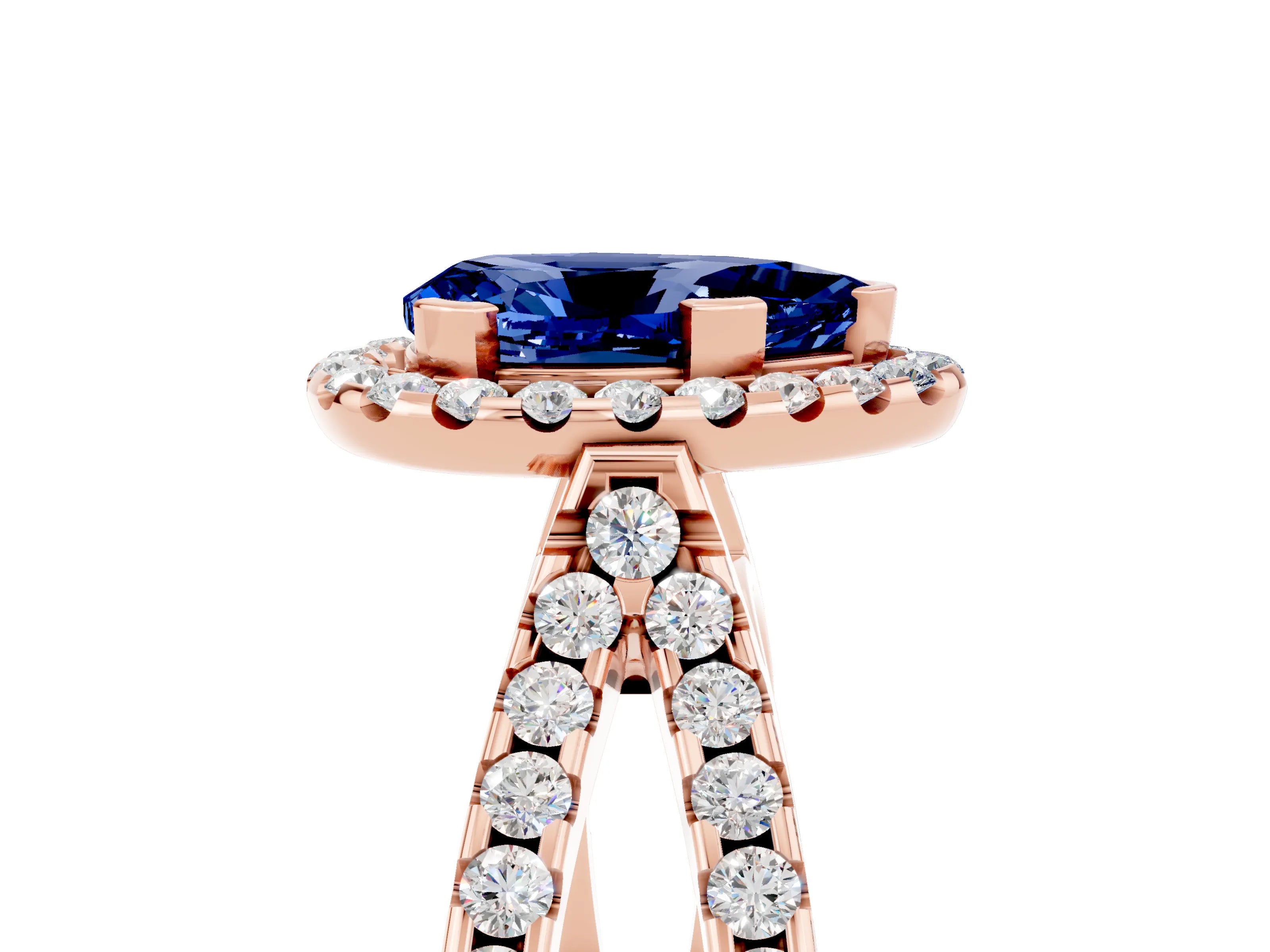 Rose gold Pear Cut Blue Sapphire Halo Ring with Split Shank Pavé Band and Prong Setting_5