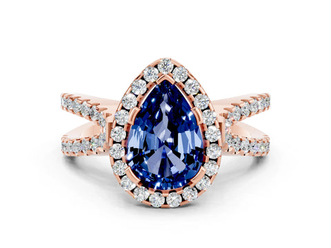 Rose gold Pear Cut Blue Sapphire Halo Ring with Split Shank Pavé Band and Prong Setting