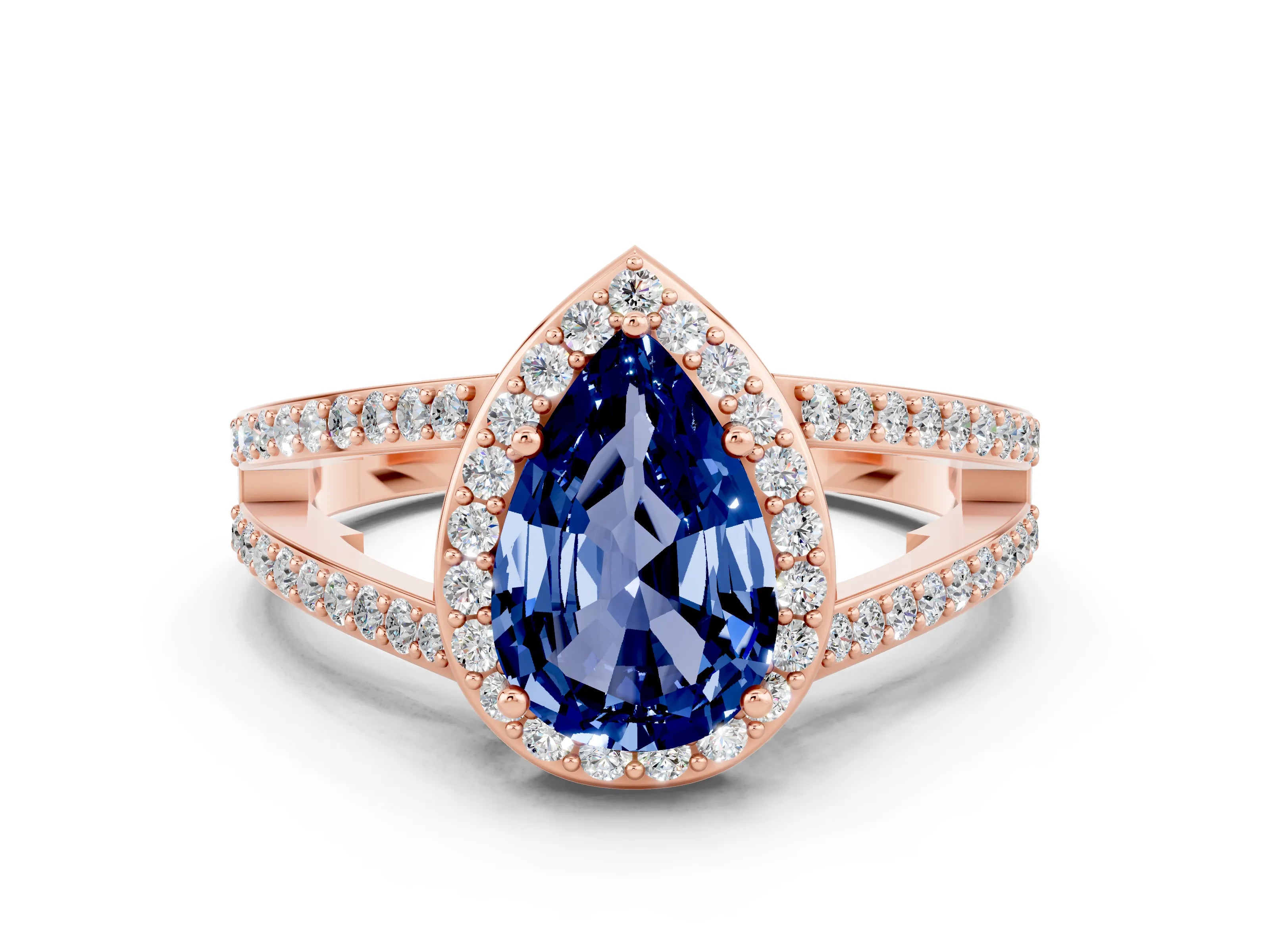 Rose gold Pear Cut Blue Sapphire Halo Ring with Split Shank U-Prong Band and Four-Prong Setting