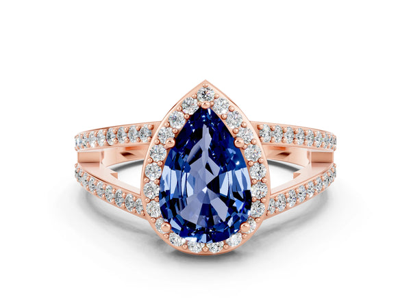 Rose gold Pear Cut Blue Sapphire Halo Ring with Split Shank U-Prong Band and Four-Prong Setting