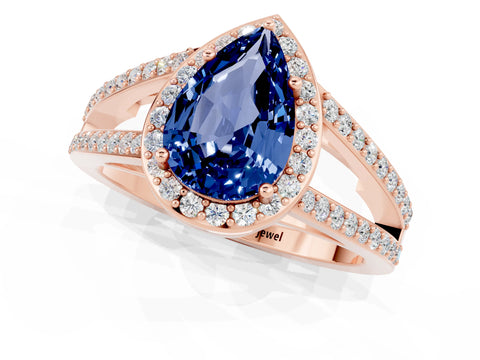 Rose gold Pear Cut Blue Sapphire Halo Ring with Split Shank U-Prong Band and Four-Prong Setting_1