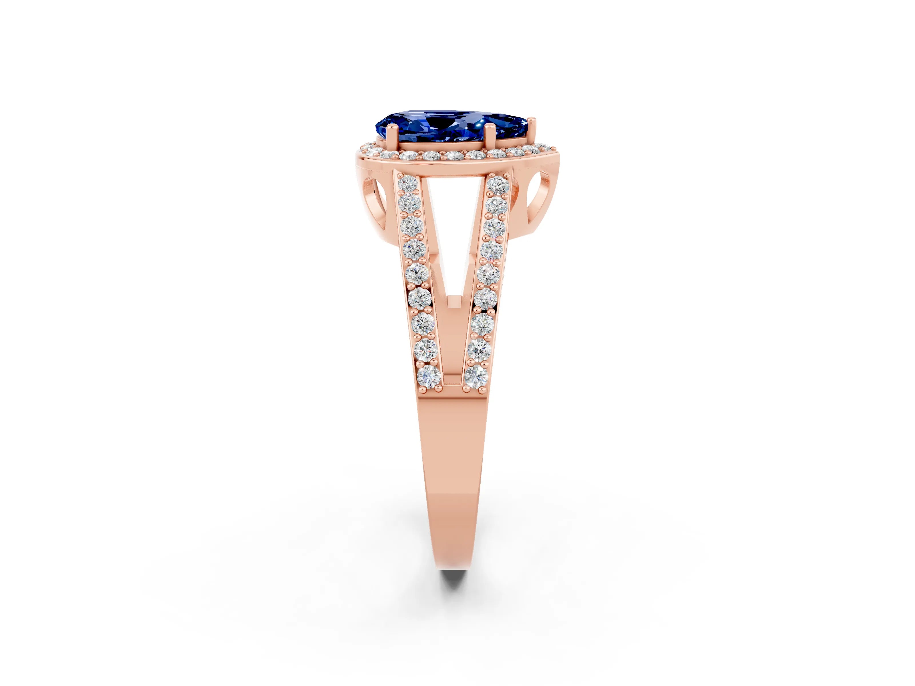Rose gold Pear Cut Blue Sapphire Halo Ring with Split Shank U-Prong Band and Four-Prong Setting_2