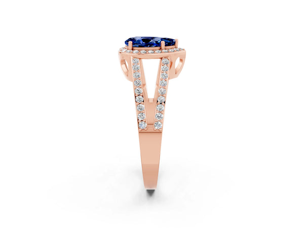 Rose gold Pear Cut Blue Sapphire Halo Ring with Split Shank U-Prong Band and Four-Prong Setting
