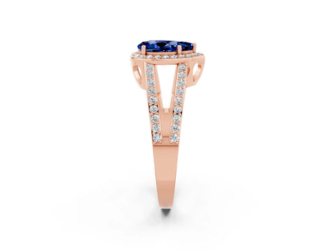 Rose gold Pear Cut Blue Sapphire Halo Ring with Split Shank U-Prong Band and Four-Prong Setting_2