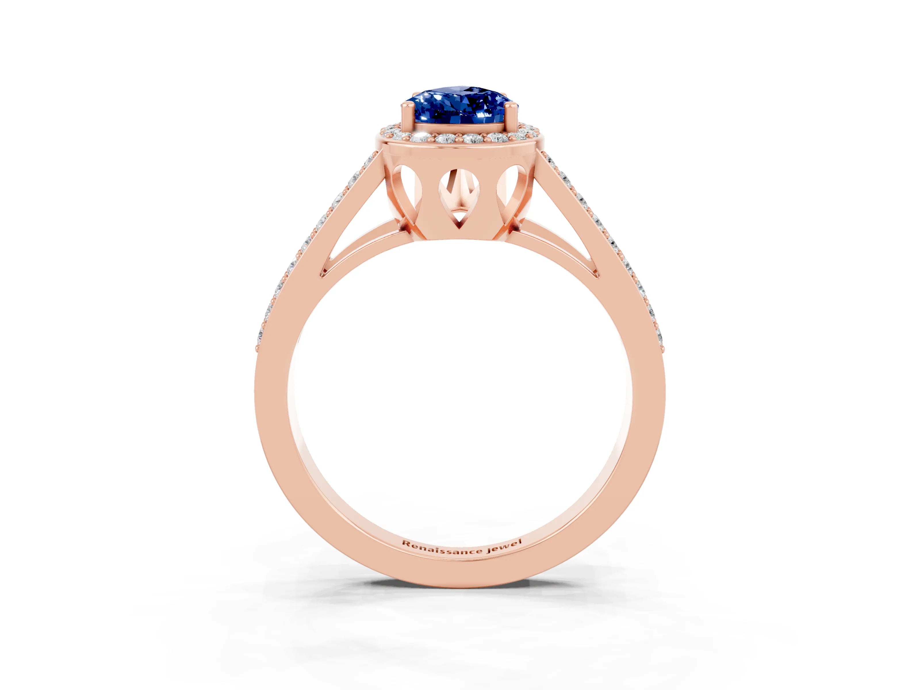 Rose gold Pear Cut Blue Sapphire Halo Ring with Split Shank U-Prong Band and Four-Prong Setting_3