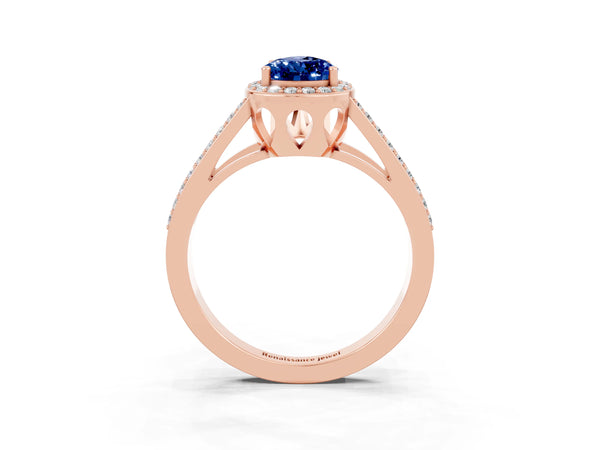 Rose gold Pear Cut Blue Sapphire Halo Ring with Split Shank U-Prong Band and Four-Prong Setting