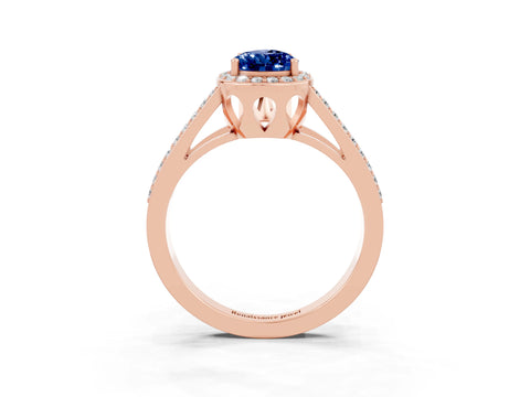 Rose gold Pear Cut Blue Sapphire Halo Ring with Split Shank U-Prong Band and Four-Prong Setting_3