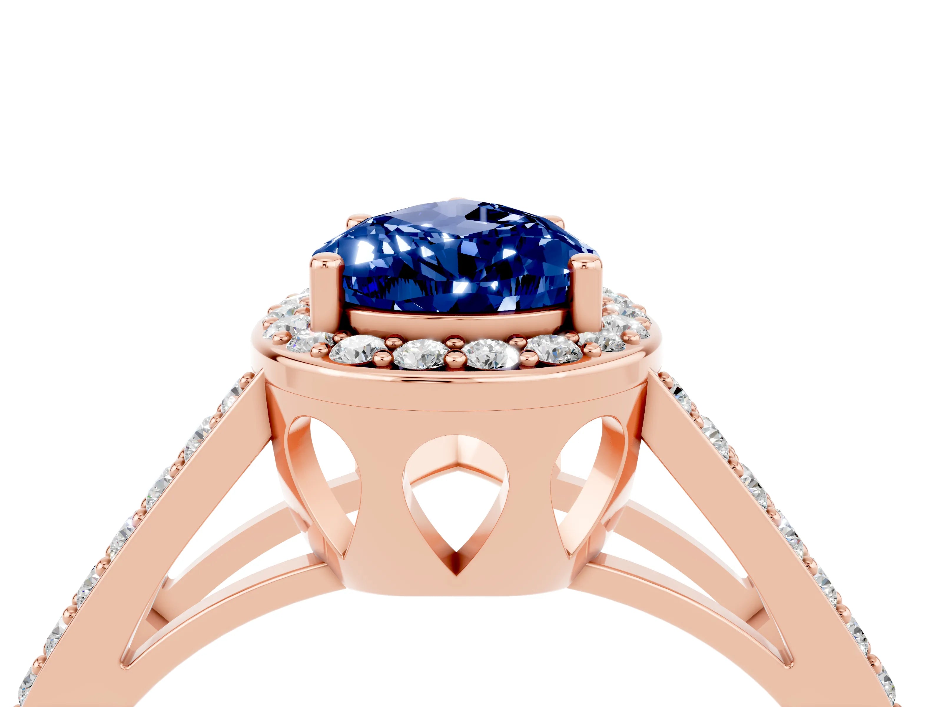 Rose gold Pear Cut Blue Sapphire Halo Ring with Split Shank U-Prong Band and Four-Prong Setting_4