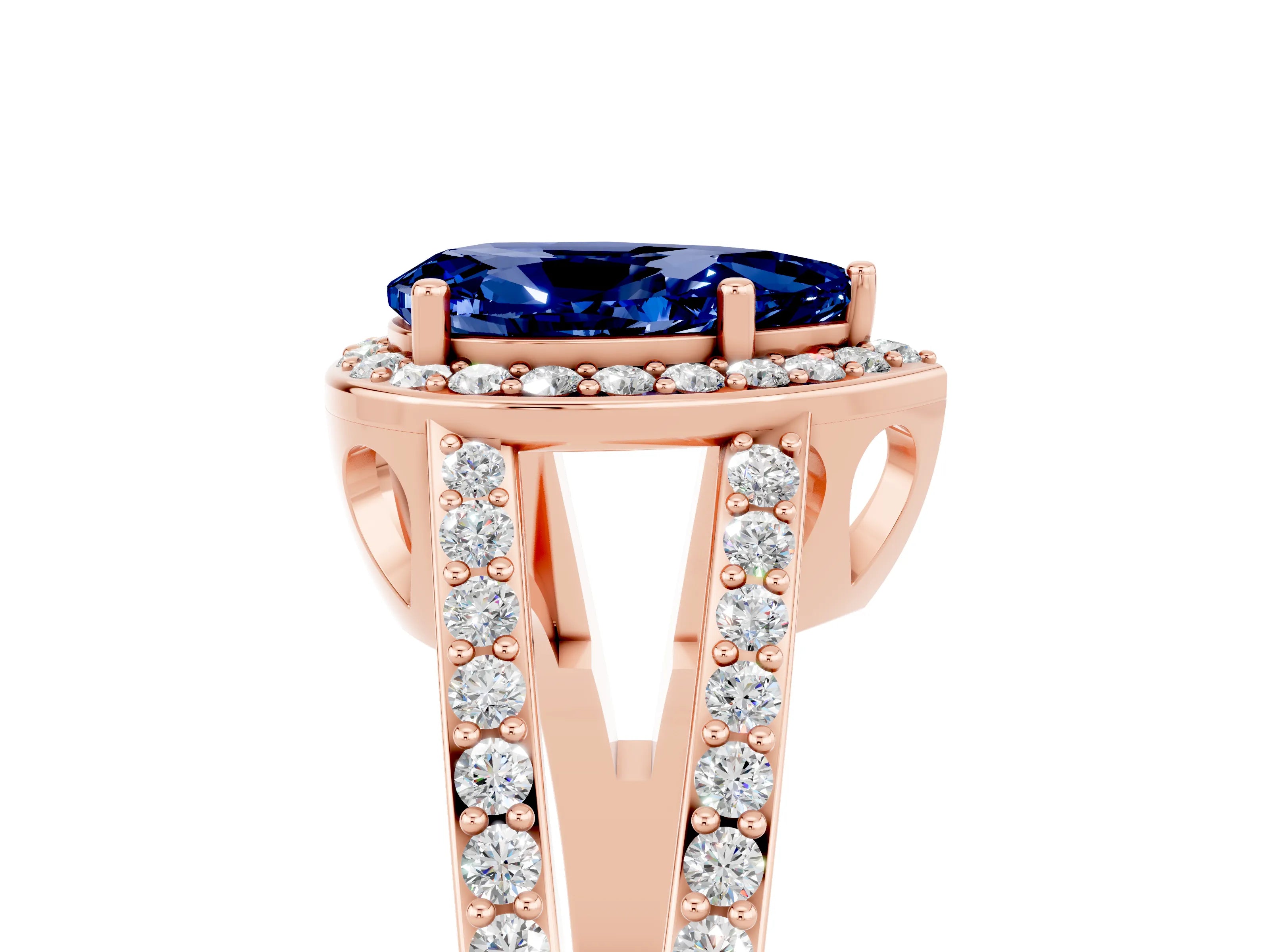 Rose gold Pear Cut Blue Sapphire Halo Ring with Split Shank U-Prong Band and Four-Prong Setting_5