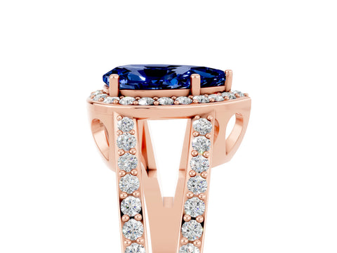 Rose gold Pear Cut Blue Sapphire Halo Ring with Split Shank U-Prong Band and Four-Prong Setting_5