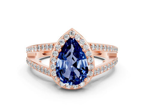 Rose gold Pear Cut Blue Sapphire Halo Ring with Split Shank U-Prong Band and Four-Prong Setting