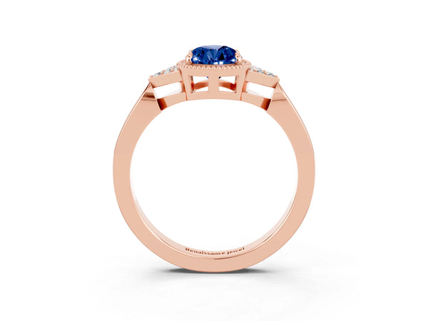 Rose gold Pear Cut Blue Sapphire Halo Ring with Tapered Band and Four-Prong Setting