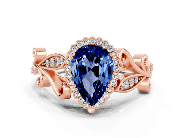 Rose gold Pear Cut Blue Sapphire Halo Ring with Vintage Split Shank and Four-Prong Setting