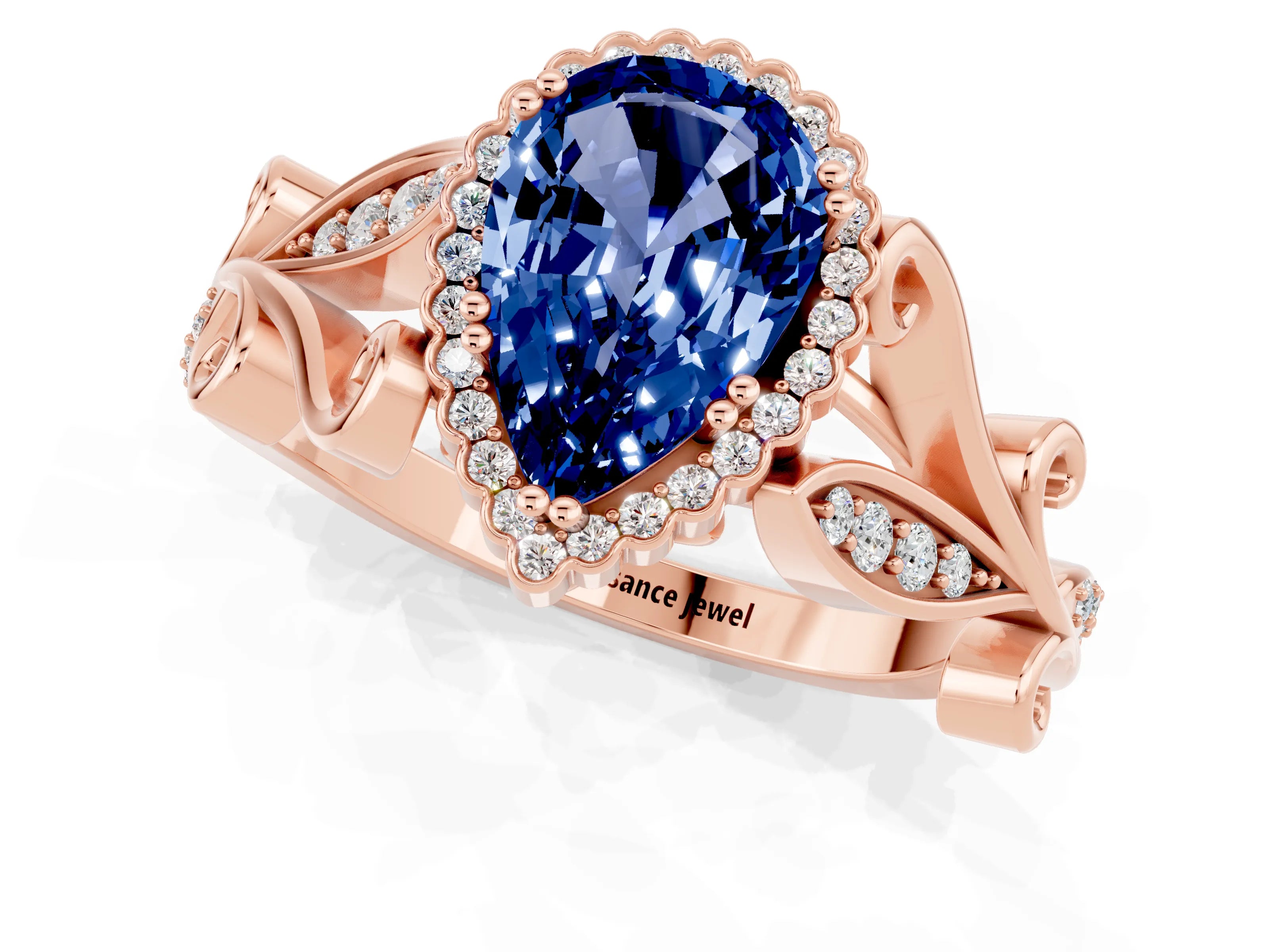 Rose gold Pear Cut Blue Sapphire Halo Ring with Vintage Split Shank and Four-Prong Setting_1