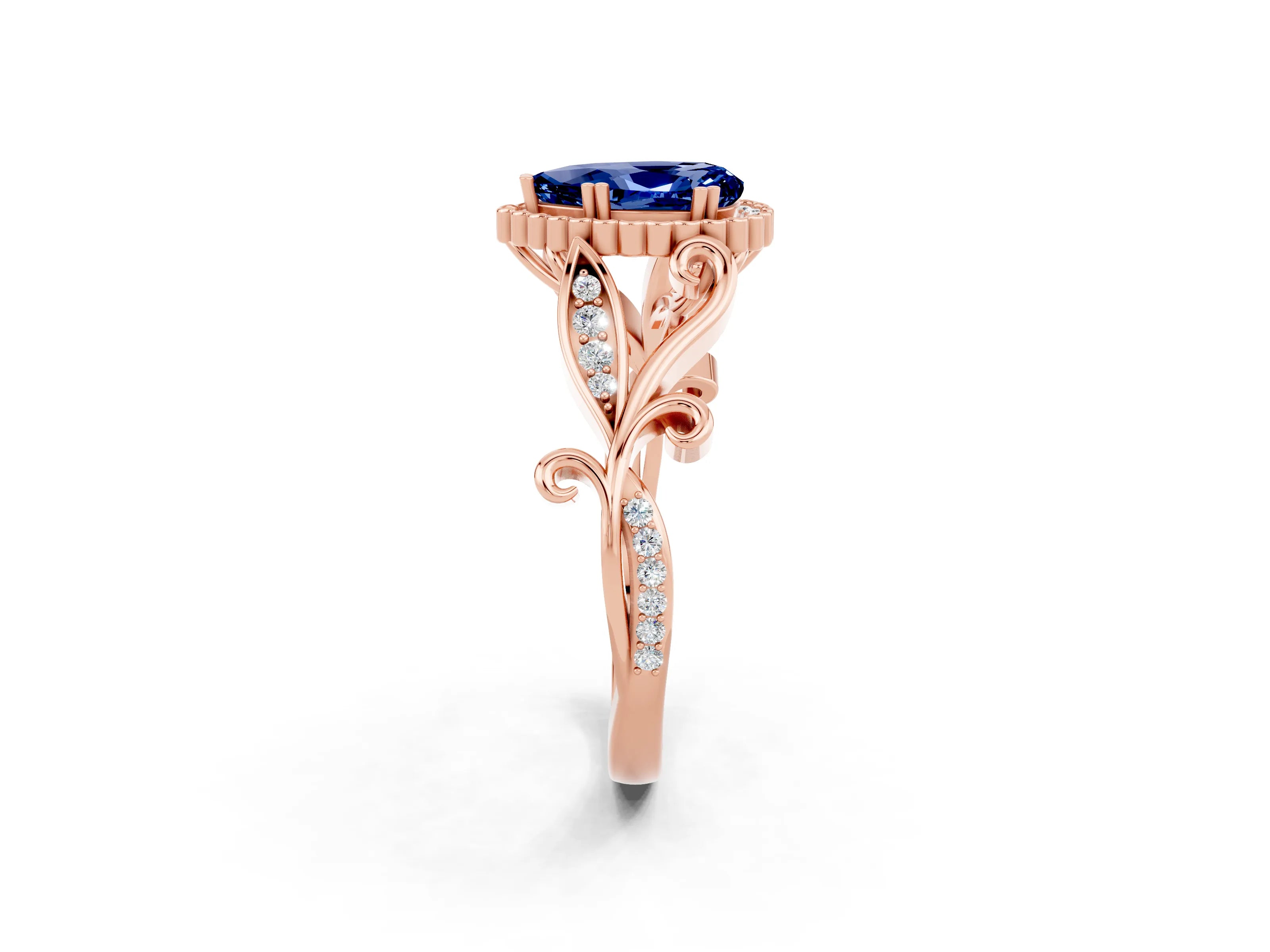Rose gold Pear Cut Blue Sapphire Halo Ring with Vintage Split Shank and Four-Prong Setting_2