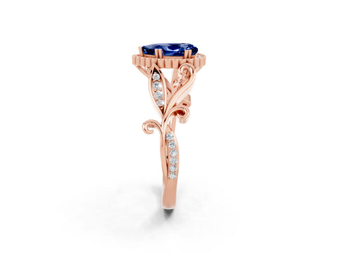 Rose gold Pear Cut Blue Sapphire Halo Ring with Vintage Split Shank and Four-Prong Setting_2