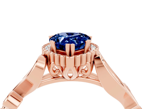 Rose gold Pear Cut Blue Sapphire Halo Ring with Vintage Split Shank and Four-Prong Setting_4