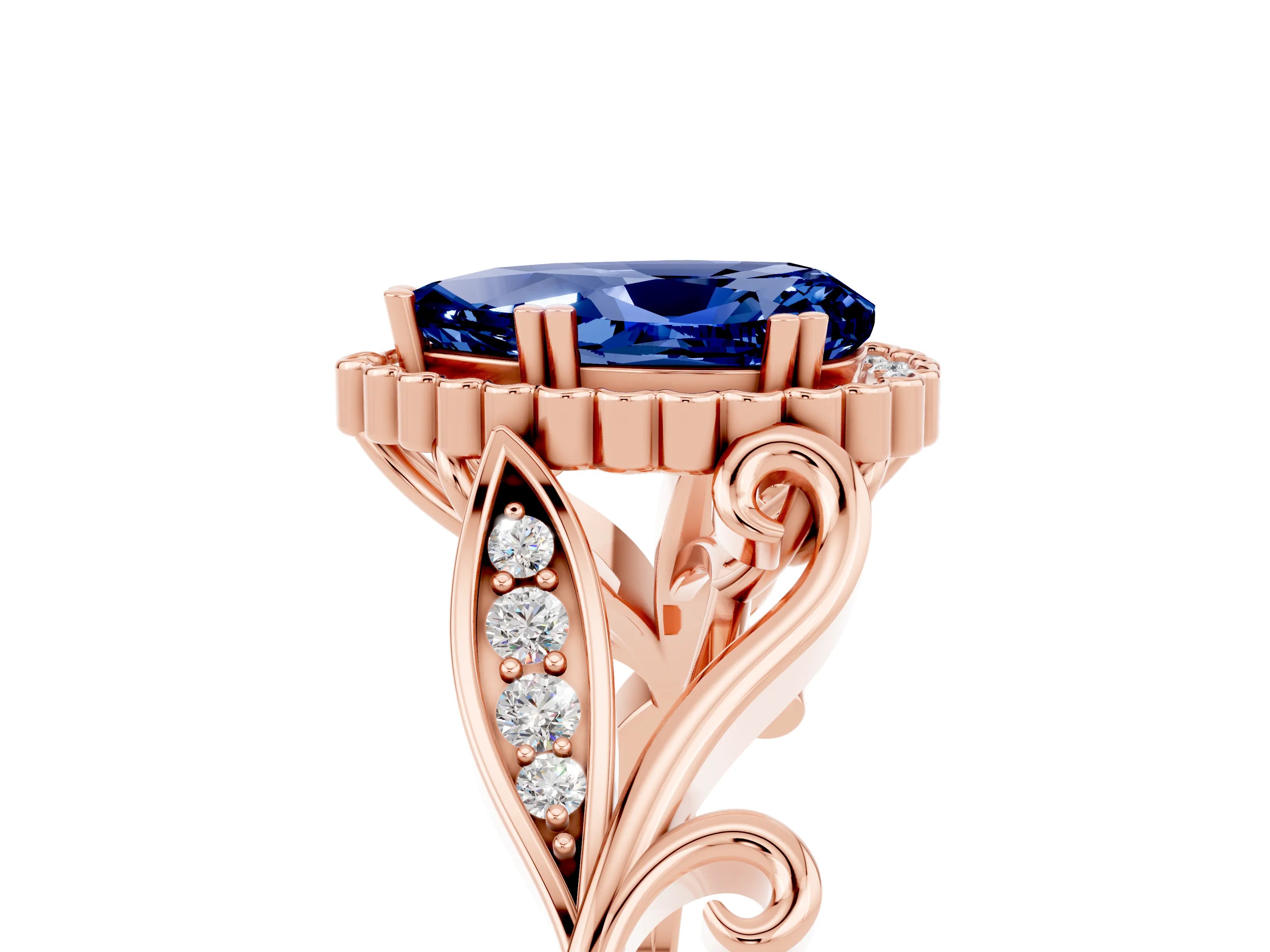 Rose gold Pear Cut Blue Sapphire Halo Ring with Vintage Split Shank and Four-Prong Setting_5