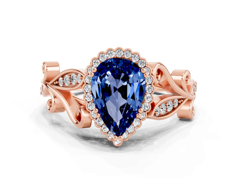 Rose gold Pear Cut Blue Sapphire Halo Ring with Vintage Split Shank and Four-Prong Setting