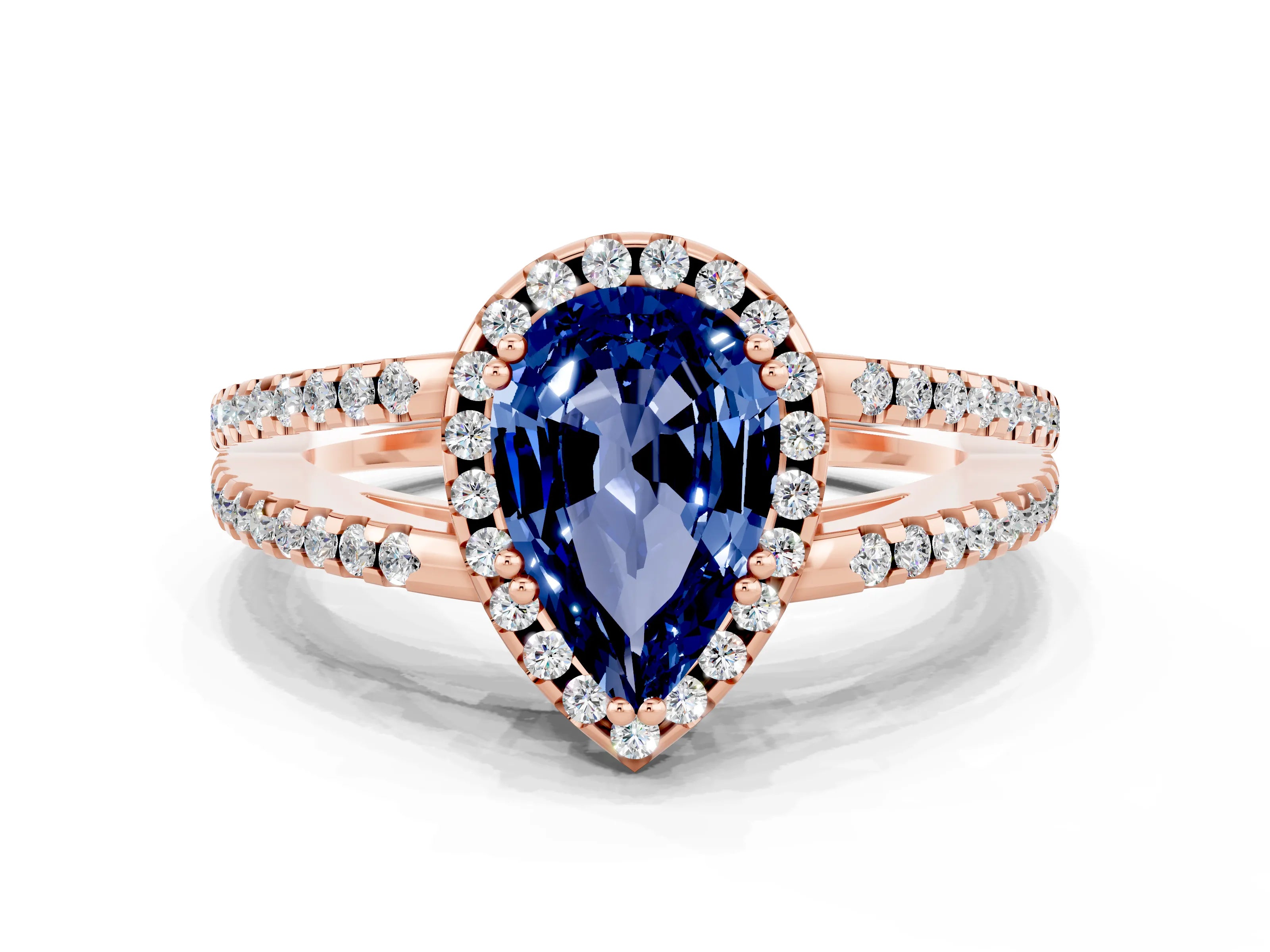Rose gold Pear Cut Blue Sapphire Halo Split Shank Engagement Ring_12