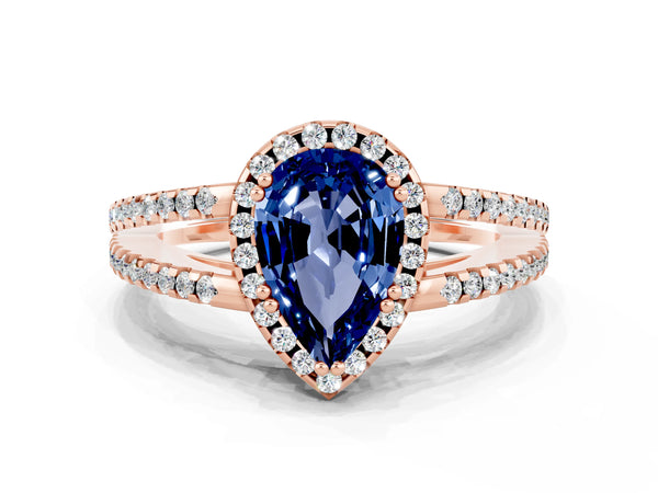 Rose gold Pear Cut Blue Sapphire Halo Split Shank Engagement Ring